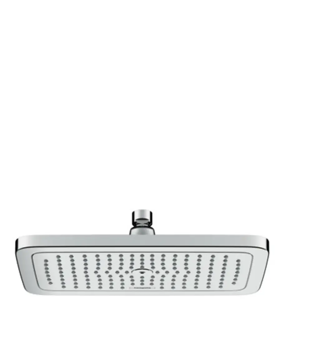Hansgrohe Kopfbrause mit rechteckigem, flachem Design und zahlreichen Wasserauslässen, montiert an einem schlichten, verchromten Halterung.